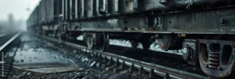 Close-up of a locomotive transporting freight cars loaded with coal along the railroad tracks - obrazy, fototapety, plakaty 