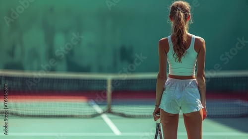 Young girl plays tennis on the court. Woman stands on sports ground in short white shorts and a T-shirt and holds a racket. Sportswoman player at stadium. Training before match. © Ellionn