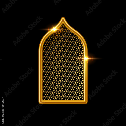 Islam window with pattern vector illustration isolated on black background. Oriental ornament, traditional Arabian design elements of decor, muslim gold frame