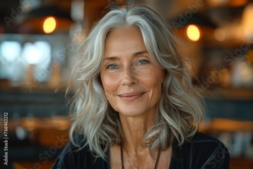 A woman with gray hair and a smile on her face. Happy mature gray haired woman face portrait. Beautiful mid age caucasian woman model, blurred restaurant background. Aged lady lifestyle