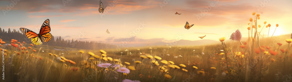 Butterflies Flittering in a Sunset Meadow with Blooms - obrazy, fototapety, plakaty 