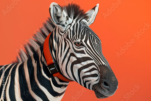 A close-up view of an anthropomorphic zebra  wearing an Armani leather wristband  against a striking orange background.