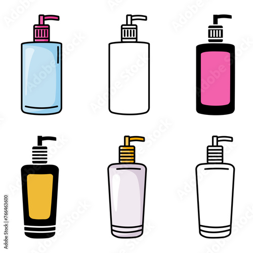 Set of icons of cosmetic bottles with dispenser. Colored, linear and black silhouette flat bottles