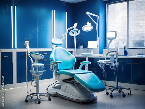 Modern Dental Clinics, Dentist chairs and other accessories dentists use in blue medical light design.