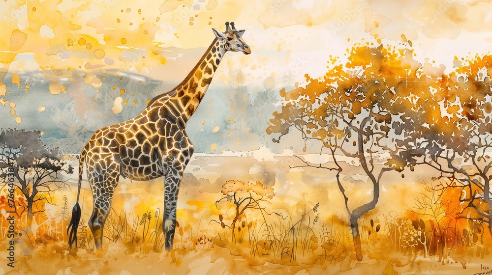Obraz premium In the heart of the African savanna, a regal giraffe stands tall against a backdrop of golden grass and acacia trees.