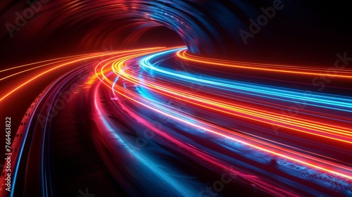 Vector illustration showcases dynamic lights on a road, capturing long exposure car light trails in a tunnel at night.