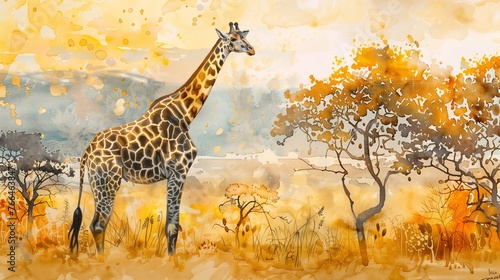 In the heart of the African savanna  a regal giraffe stands tall against a backdrop of golden grass and acacia trees.