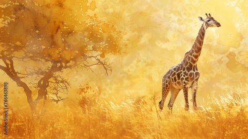 In the heart of the African savanna  a regal giraffe stands tall against a backdrop of golden grass and acacia trees.