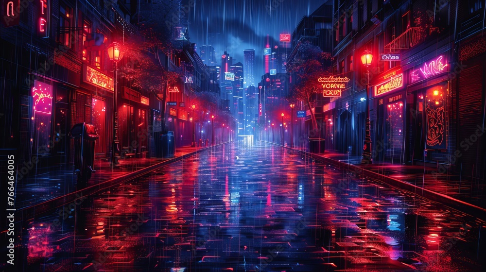 Vector illustration background depicting an alley at night with a cyberpunk theme, evoking the atmosphere of a futuristic urban environment. - obrazy, fototapety, plakaty 