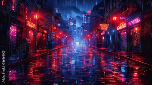 Vector illustration background depicting an alley at night with a cyberpunk theme, evoking the atmosphere of a futuristic urban environment. photo