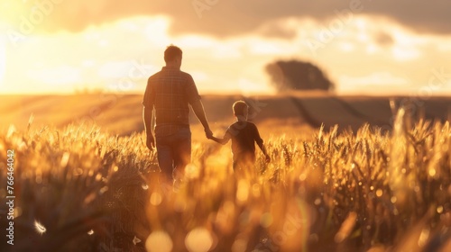 A father and his little son walk together through a wheat field