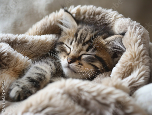 A baby kitten peacefully napping in a cozy spot