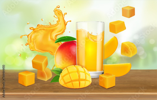 3D realistic advertising of mango juice, drink glass and yellow mango juice splash on a wooden table, Tropical fruit beverage © lightgirl
