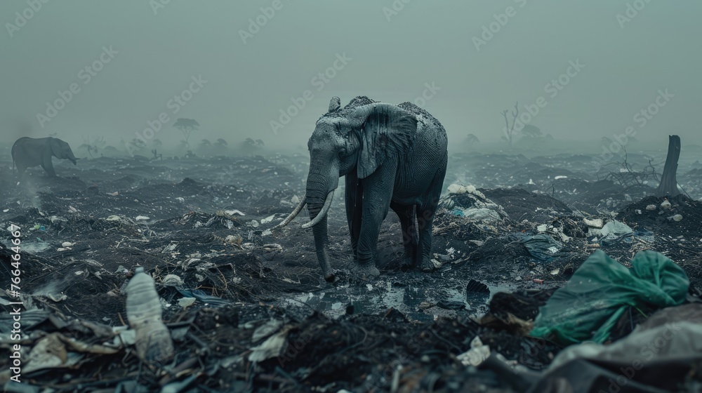 Polluted world. Garbage and waste. Animals suffer from pollution. Ecological disaster concept. AI-generated. - obrazy, fototapety, plakaty 
