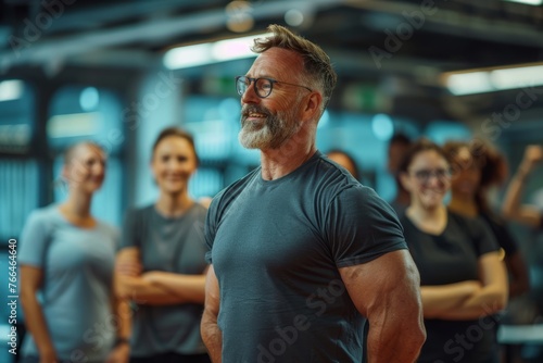 Professional Photography of a Personal Trainer Leading a Group of Office Workers Through a Lunchtime Fitness Class in a Corporate Gym, Generative AI