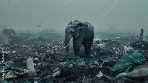 Polluted world. Garbage and waste. Animals suffer from pollution. Ecological disaster concept. AI-generated. © Acronym