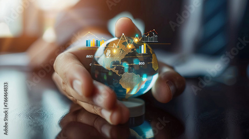 Businessman's Hand Holding Globe with Financial Charts