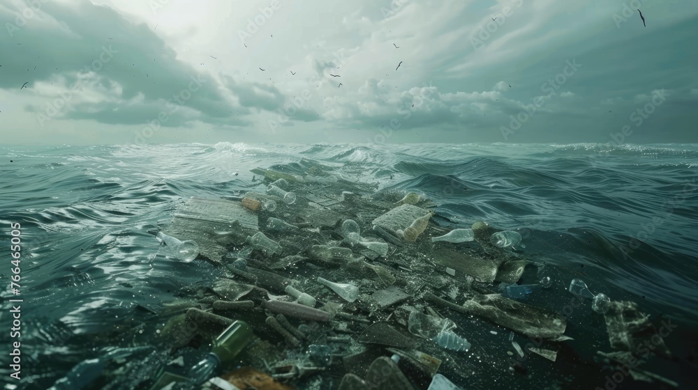 Fototapeta premium Polluted ocean. Garbage and waste. Animals suffer from pollution. Ecological disaster concept. AI-generated.