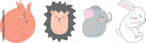 Vector illustration of cute sleeping animals. Hibernation forest winter sleep. Hedgehog, red squirrel, small hare and little mouse. Curled up babн cold. Need blanket and pillow. Printable activities 