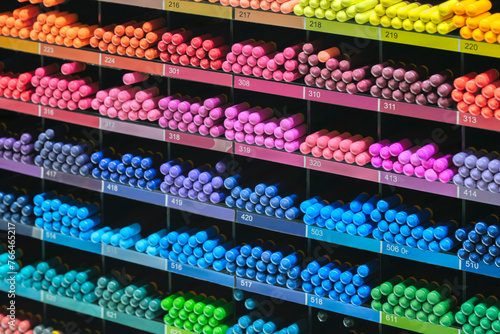 A colorful display of pens and pencils with the numbers 1 through 7 on the side. The pens are arranged in rows and are of various colors
