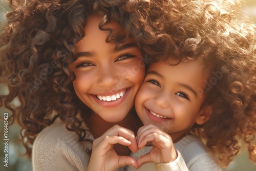Closeup of young mother and cute little daughter with heart sign enjoy close tender moment together