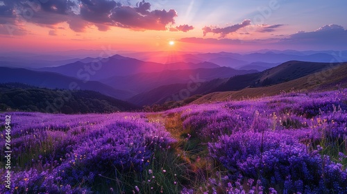 Purple Flowers Field at Sunset