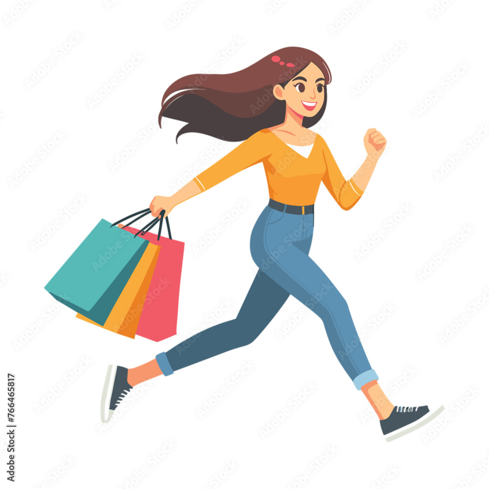 vector Happy Woman running with shopping bag buying with big discount concept vector Happy Woman running with shopping bag buying with big discount concept