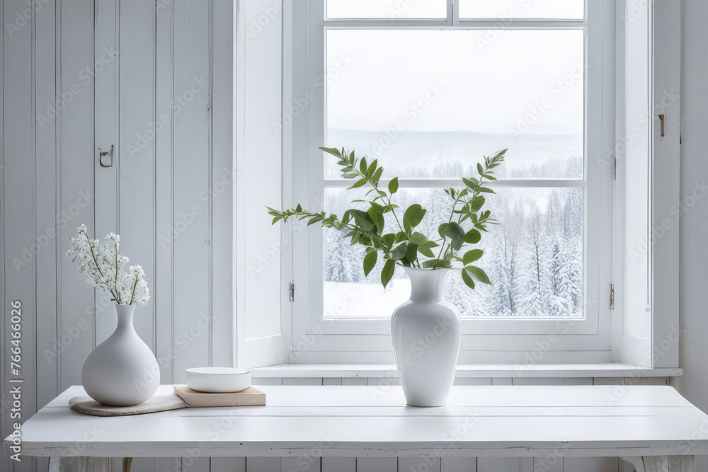 A delicate vase adorns a tall white window, resting on a white wooden table. A framed picture of a snowy landscape serves as the background A delicate vase adorns a tall white window, resting on a white wooden table. A framed picture of a snowy landscape serves as the background