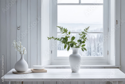 A delicate vase adorns a tall white window, resting on a white wooden table. A framed picture of a snowy landscape serves as the background