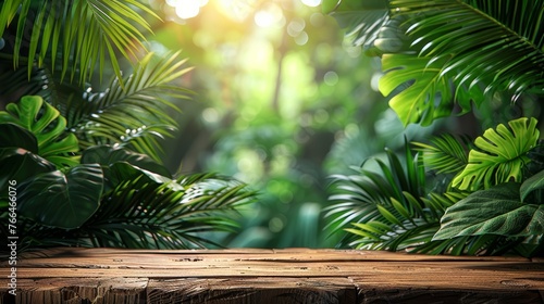 Wooden Table Surrounded by Tropical Plants