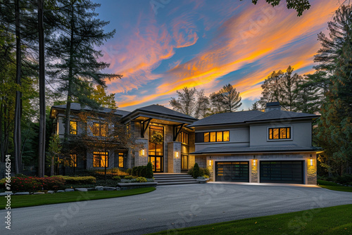 A contemporary estate with statement outdoor illumination, set against the backdrop of towering pines, under the warm embrace of a goldenrod sunset