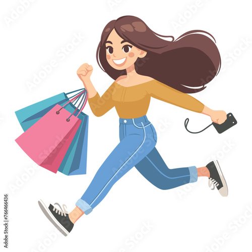 vector Happy Woman running with shopping bag buying with big discount concept