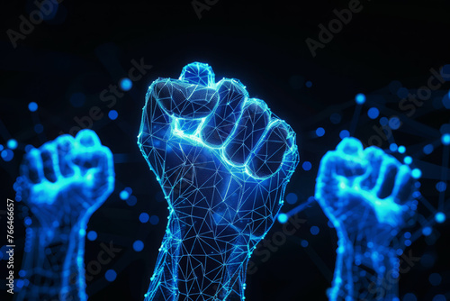 Glowing virtual digital fists are raised in gesture of defiance, Concept of resistance in network, Uprising of artificial intelligence © Lazy_Bear