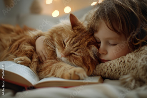 Tender moment of a child and cat sleeping after reading bedtime story, bond between kid and pet concept