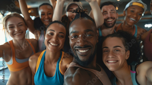 Group selfie of women and men of all ages and fitness levels at diverse fitness class, healthy lifestyle concept.d diversity