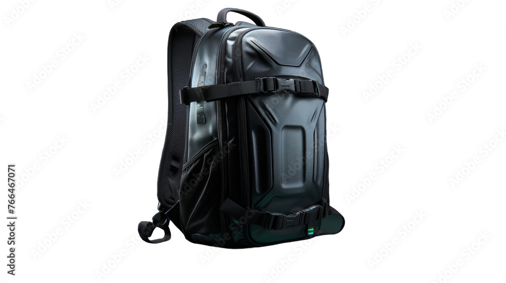 A black backpack with sturdy straps rests on the ground, ready for adventure A black backpack with sturdy straps rests on the ground, ready for adventure