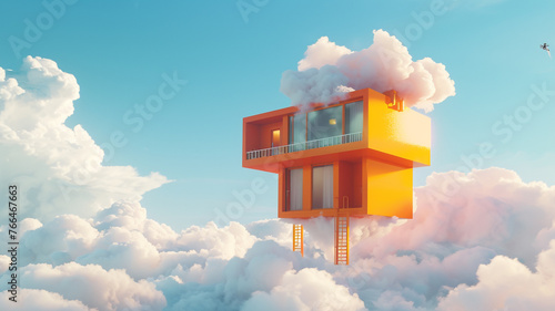 Exterior view of a small, vibrant orange apartment floating amidst fluffy white clouds against a serene blue sky photo
