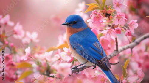 A vibrant bluebird perched on cherry blossom branches, close up shot, springtime joy concept. © Sunday Cat Studio