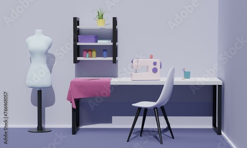 Interior of a room with a sewing machine and a mannequin. 3d rendering