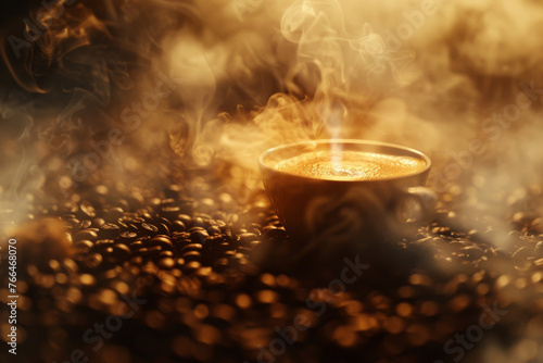 A cup of hot coffee and freshly roasted coffee beans background with copy space