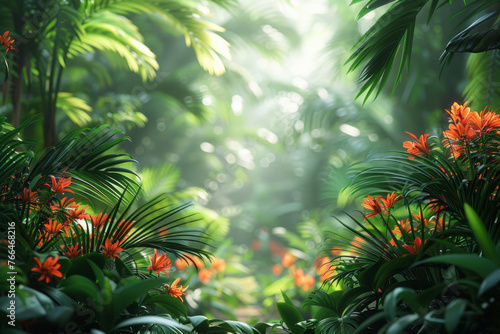 Tropical exotic leaves background. Natural landscape with frame made of green plants in rainforest