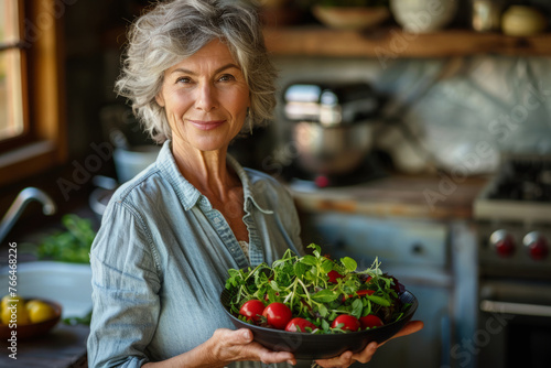 Middle aged woman stands in a kitchen holding a bowl of vegetable salad, Diet and healthy meals