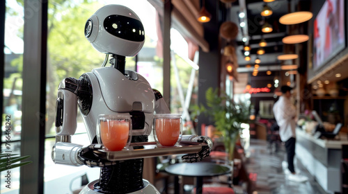 Color photo - Futuristic dining: the robot waiter and its tray of beverages