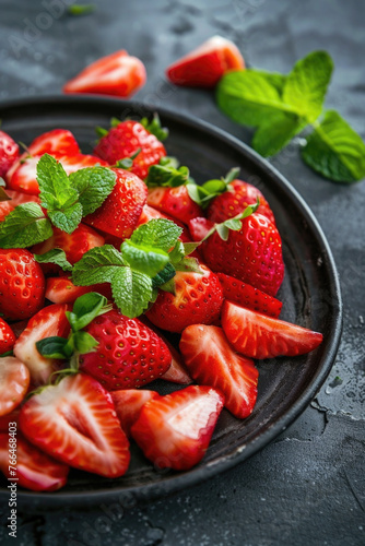 Fruit salad with strawberries and mint on a plate, stone background