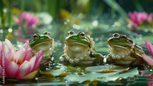 Frongs meeting party in a pond with lotus,The scene is peaceful and serene, with the frogs enjoying a moment of relaxation photo