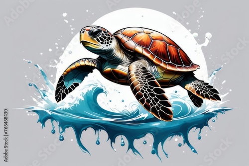 Exquisite image showcasing serene turtle gliding through crystal-clear blue waters of ocean. For fashion, clothing design, animal themed clothing advertising, Tshirt design.