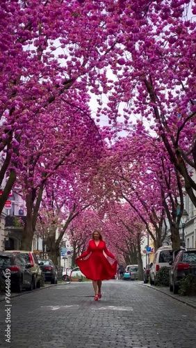 Beautiful blonde girl in red dress on a pink cherry blossom alley in Bonn Germany. High quality 4k footage photo