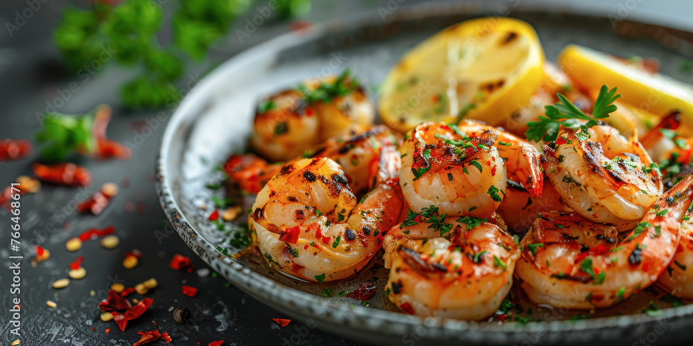 Grilled Shrimp with Lemon and Herbs. Grilled shrimp garnished with fresh parsley and red pepper flakes, served with lemon wedges on a dark plate. Grilled Shrimp with Lemon and Herbs. Grilled shrimp garnished with fresh parsley and red pepper flakes, served with lemon wedges on a dark plate.