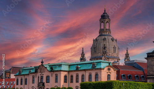 Old Dresden Frauenkirche Elbflorenz at night  and with sunset photo