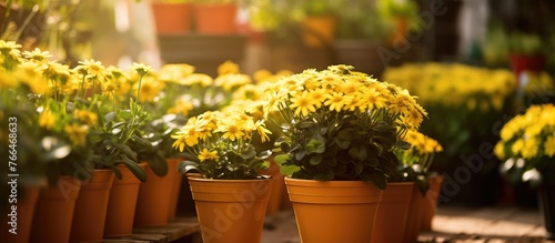 There are several houseplants in flowerpots with yellow petals, including shrubs and groundcovers, adding a touch of color to the room